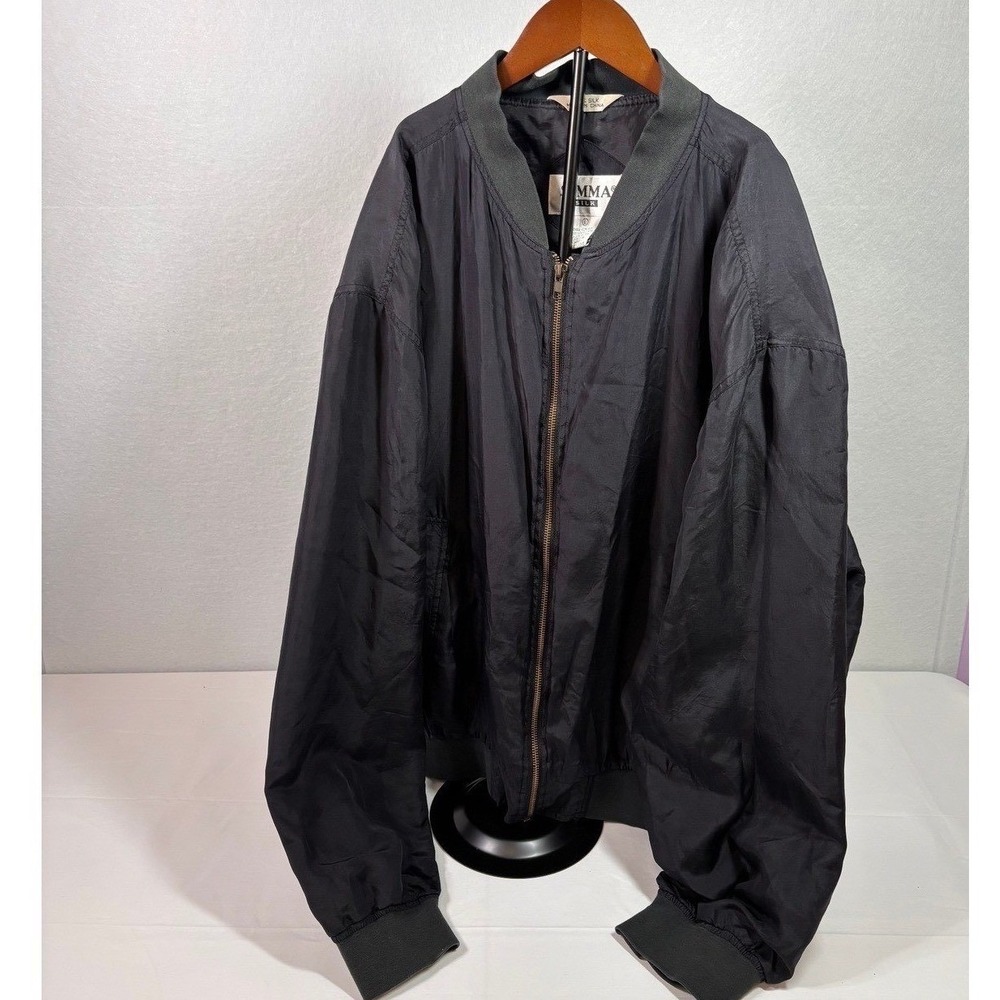 Vintage Summa Silk Men Large Black 100% Silk Bomber Jacket FullZip Lightweight L